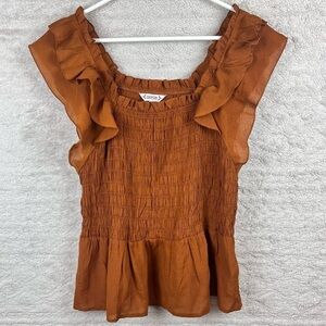 NANETTE LEPORE Smocked Boho Tunic Peplum Ruffled Neck Sleeve Large Burnt Orange